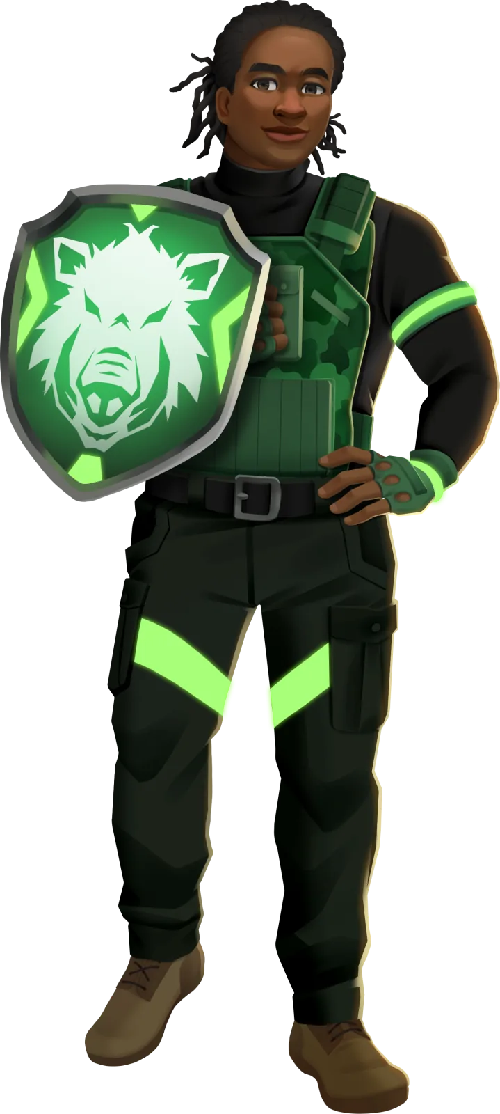 Anton in green Apex Academy armor, holding a warthog shield